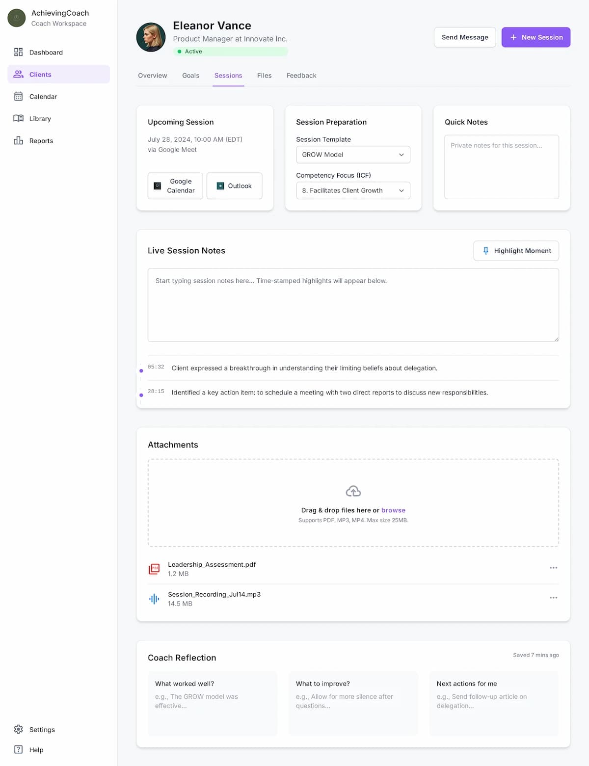 Coaching session management platform dashboard with live notes and client file organization